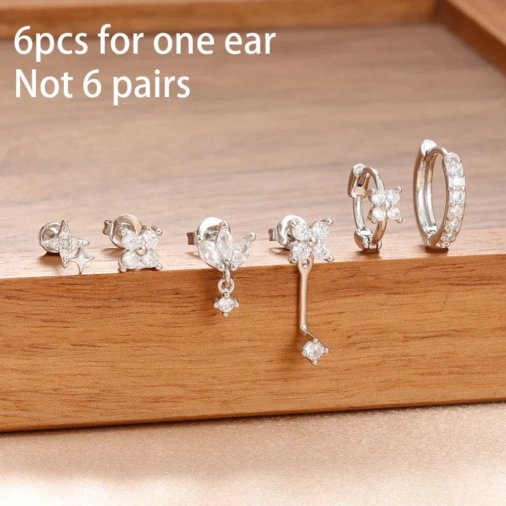 6PCS Fashion Cute Zircon Flower Ear Stud For Women Fashion 18K Gold Plated Star Ear Stud Earring Piercing Girl Set Jewelry Gift