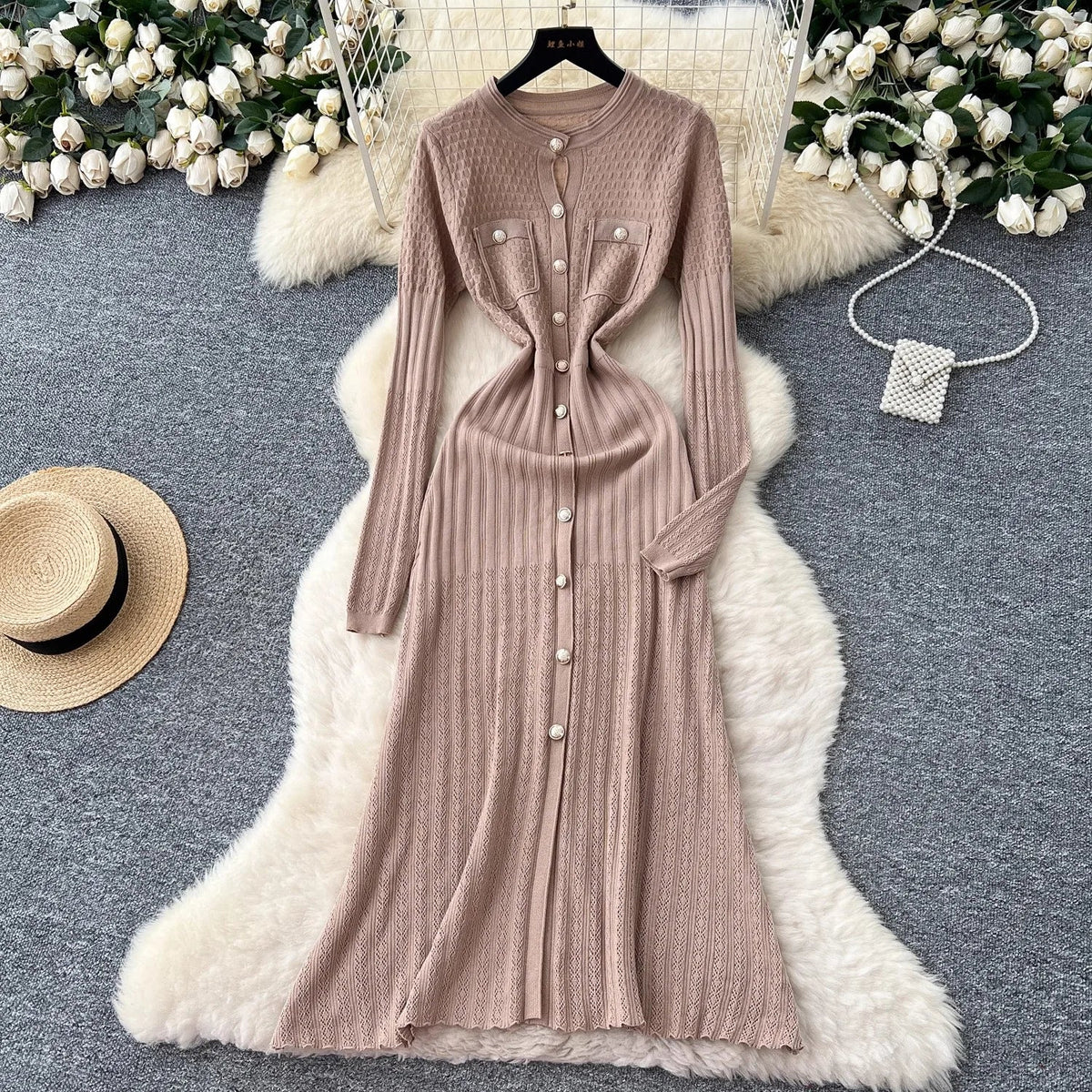 Brand Fashion Aesthetic Patchwork Knitted Maxi Dress Autumn Winter Women Luxury Shirt Sweater Dress Office Lady Vestido