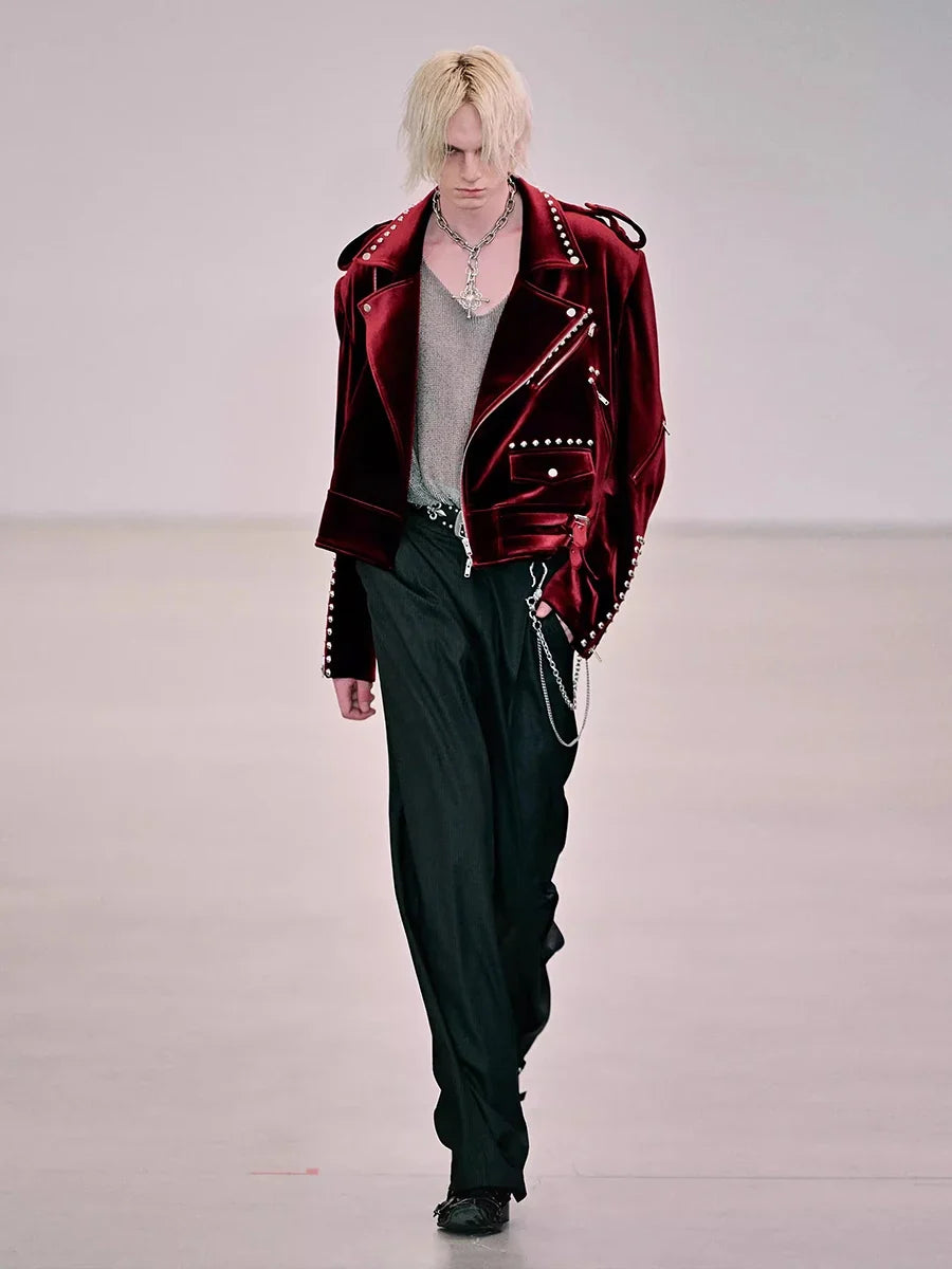Spring Autumn Cool Short Soft Velvet Moto & Biker Jacket Men Zipper Elegant Chic Stylish Luxury Designer Emo Clothes