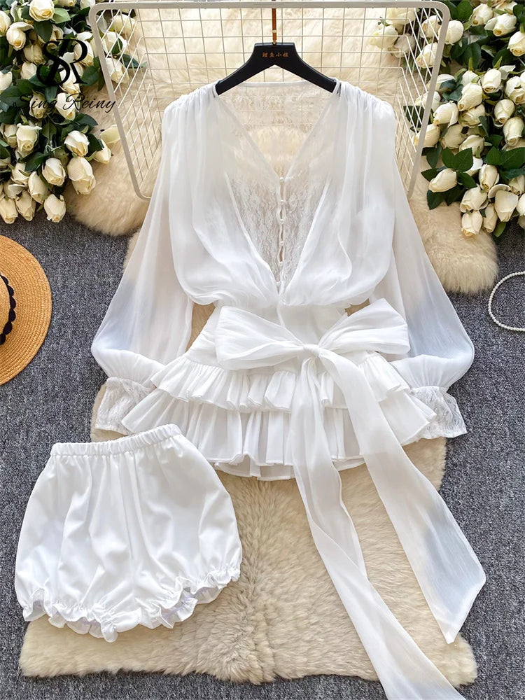 Fairycore Lace Chiffon Dresses With Stretch Shorts Pearl Button Bow Female Ruffles Sheer Seaside Holiday Mini Dress