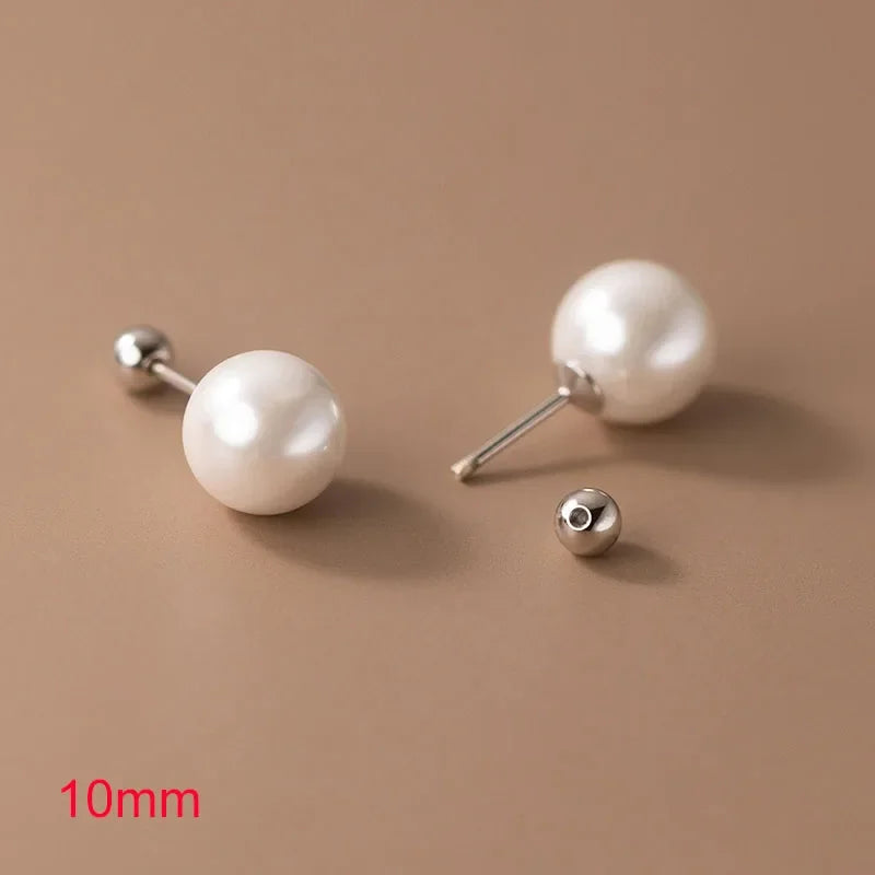 Real 925 Sterling Silver Geometric Round Bead 6/8/10/12mm Pearl Stud Earrings For Women TRENDY Fine Jewelry Accessories