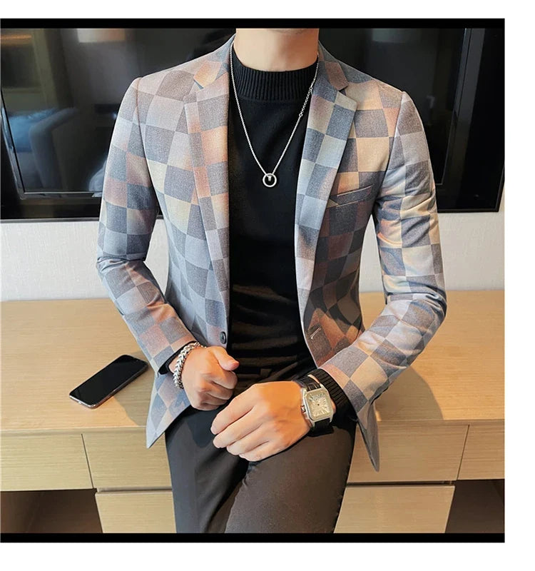 Brand Luxury Plaid Suit Jacket for Men 2023 Autumn Casual Blazer Masculino Fashion Slim Business Wedding Groom Social Dress Coat