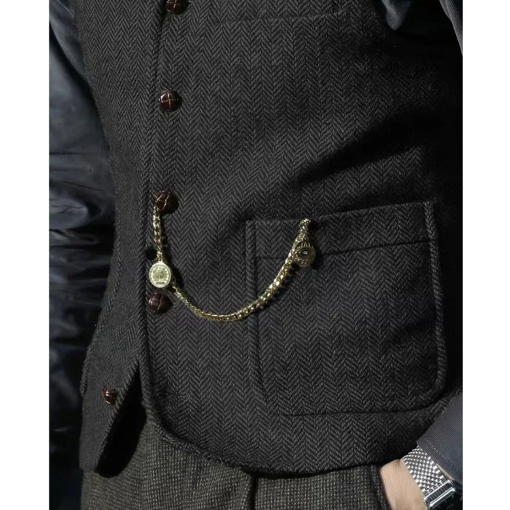 Men Vest Brown Herringbone With Lapel Single Breasted Waistcoat For Wedding Party Business Prom Work Daily Casual Men Suit Vest