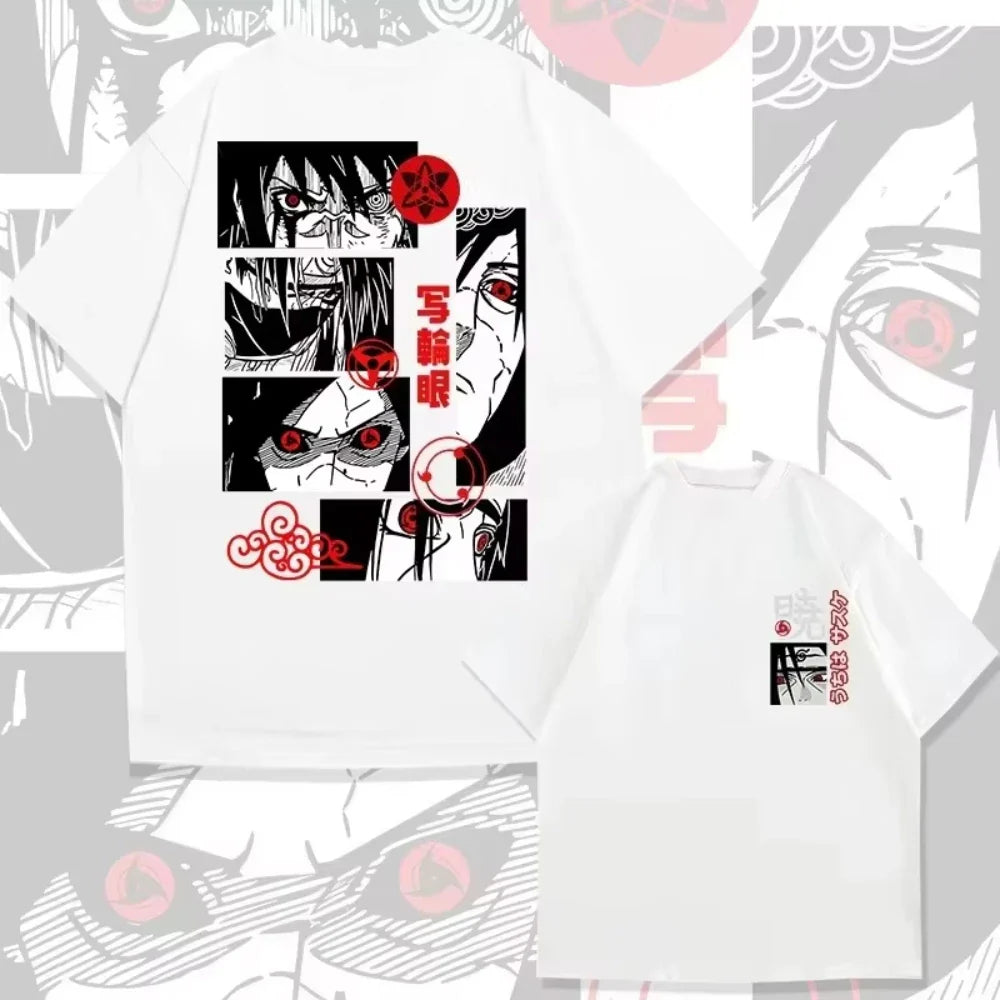 تيشيرت مينيسو أنمي مستوحى من Uchiha Sharingan للرجال بتصميم عصري وكاجوال يناسب أزياء الشارع لصيف 2025