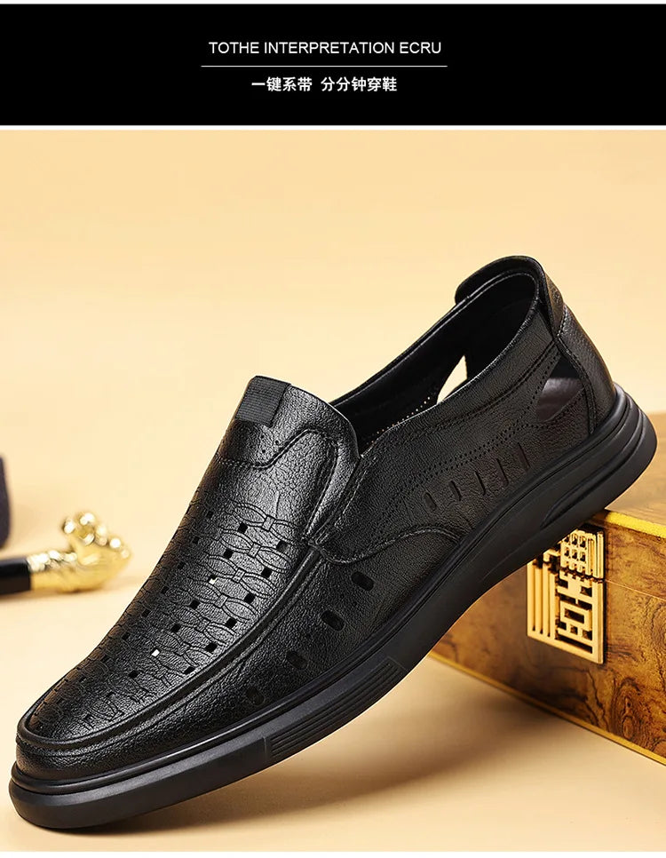 Spring Summer New Hallow Breathable Loafers for Men Fashion Casual Leather Shoes Male Solid Color Soft Sole Designer Shoes Man