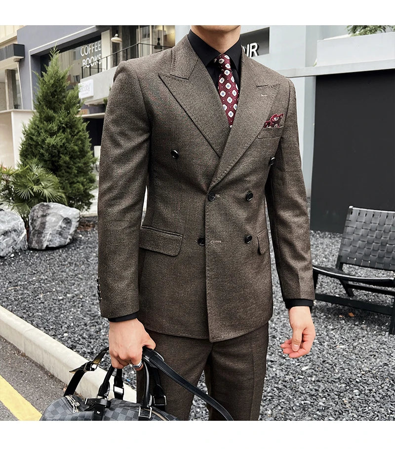 Men Vintage Luxury Double Breasted Slim Fit Lapel Evening Gown ltalian Style Fashion High-end Groom Wedding Party Tuxedo 2 Piece