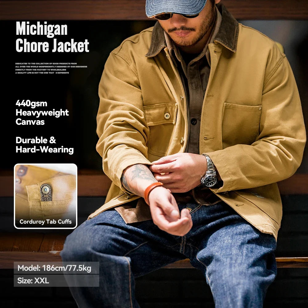 Vintage Heavyweight Michigan Chore Jackets Multi-Pocket Canvas Hunting Coat for Men's Spring Loose Lapel Collar Outwear