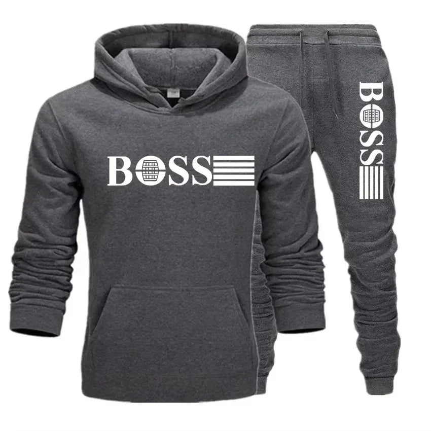 Winter and autumn fleece thickened hooded pullover sweater jacket for men, casual sports outfit, two-piece set for men