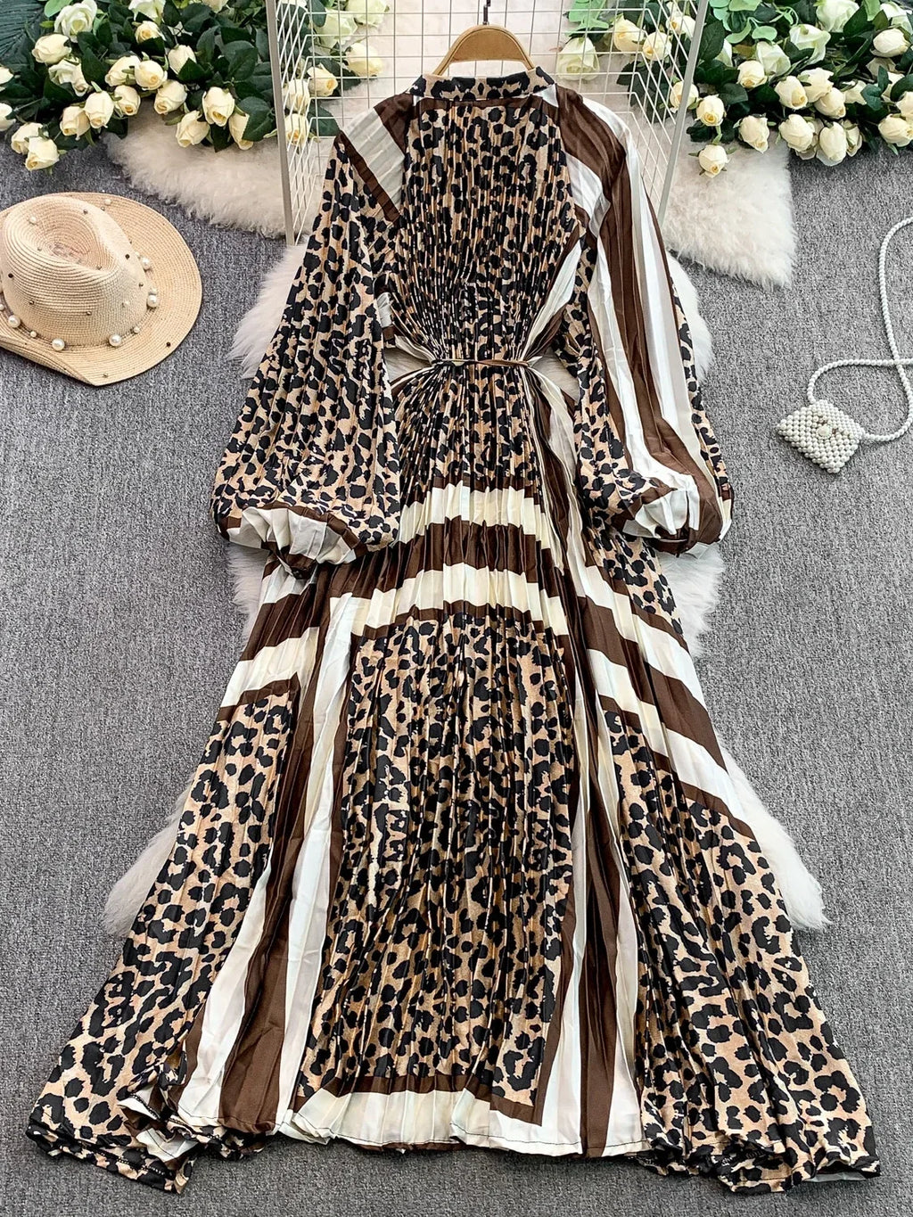 Printed round Ne Lantern Sve Dr Women's Single Button Waist Cinch Maxi Skirt Long Dr Commute Sle Autumn