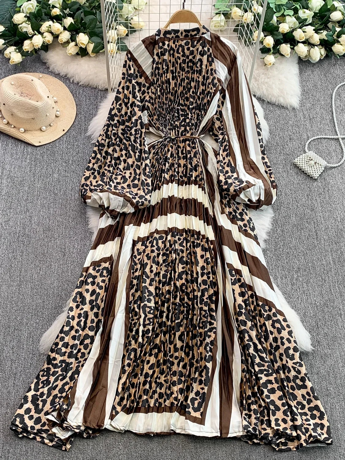 Printed round Ne Lantern Sve Dr Women's Single Button Waist Cinch Maxi Skirt Long Dr Commute Sle Autumn