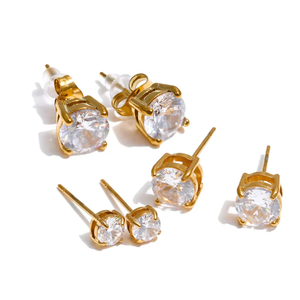 1Set High Quality Shiny Cubic Zirconia Round Stud Earrings Daily Stainless Steel Versatile Premium Jewelry Party Gift