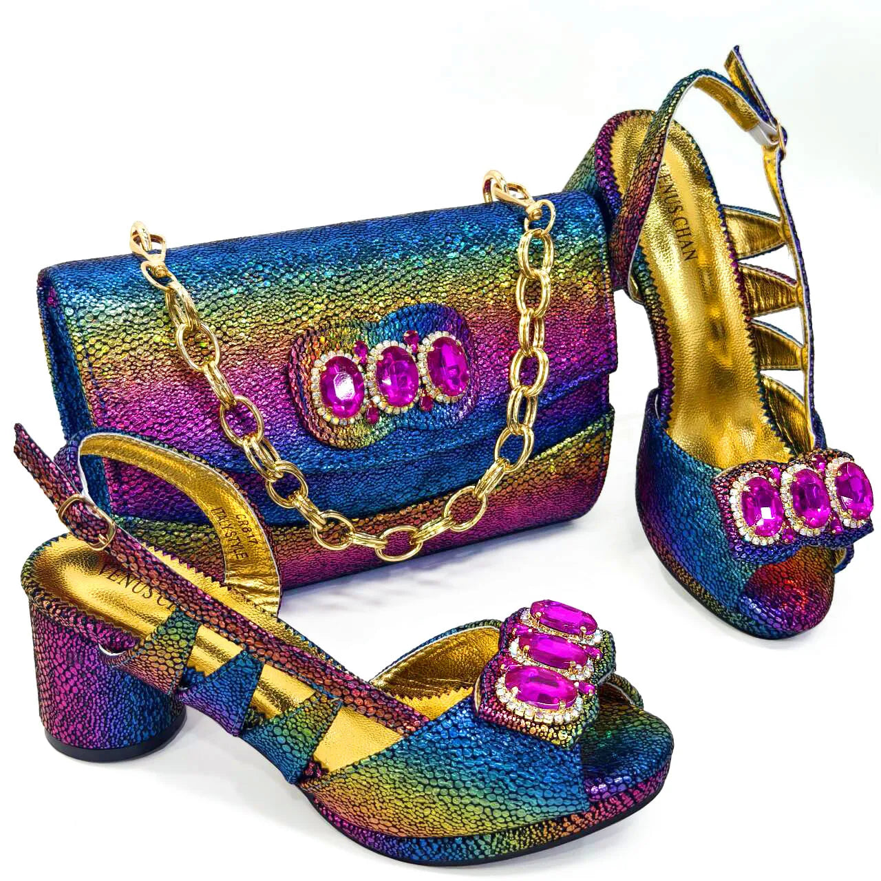 Shiny Peep Toe Women Chunky Heel Fashion Rhinestone Decoration Shoes And Bag Set