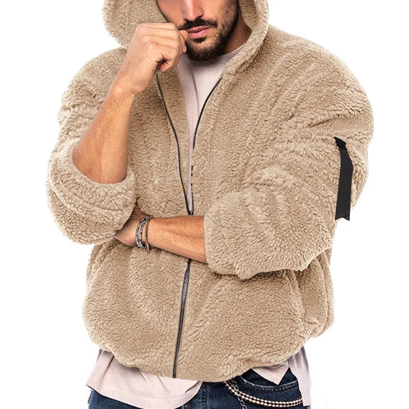 Men's Winter Zipper Fleece Hooded Jacket Vintage Casual Streetwear Loose Solid Color Hoodie with Pockets Leisure Fashion Coat