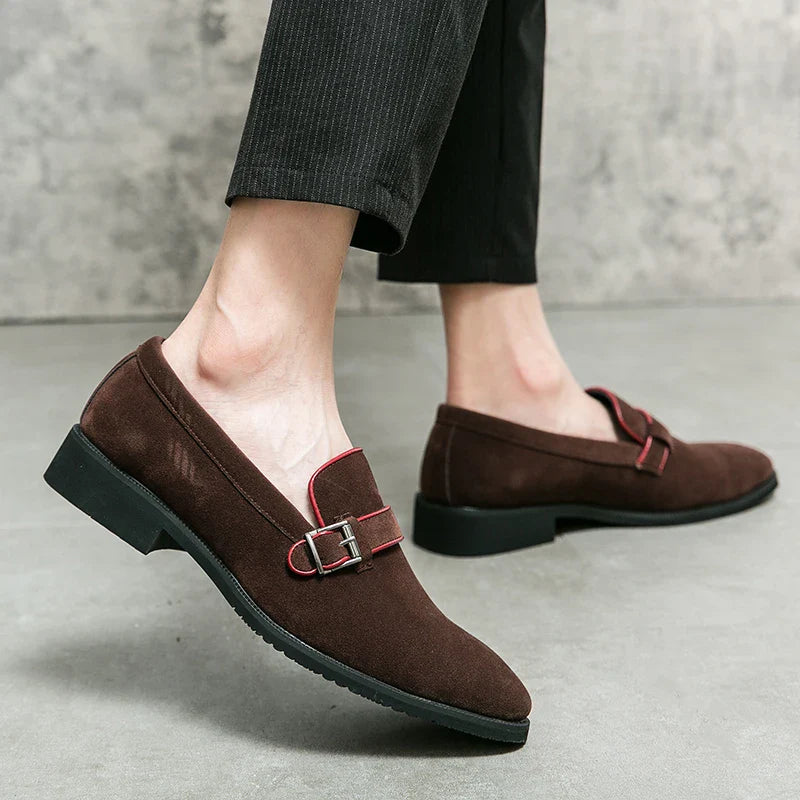 British style simple business dress shoes men's leather frosted flip fur loafers slip-on pointy peas casual shoes