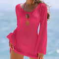 New Style V-Neck Backless Long Sleeve Dress Knitting Hollow Bikini Cover-Ups Women Beach Vacation Casual Sunscreen Short Dress