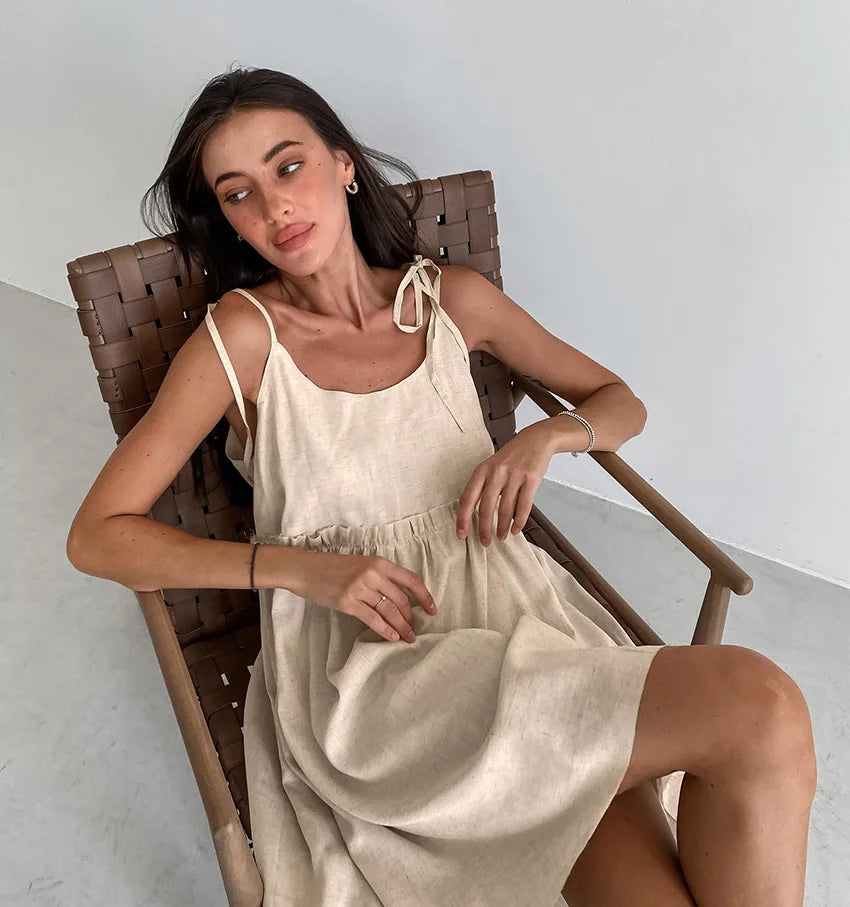 Women's Cotton Linen Spaghetti Strap Mini Dress Summer Loose A-Line Beach Vacation Dress Female Fashion Streetwear Dress