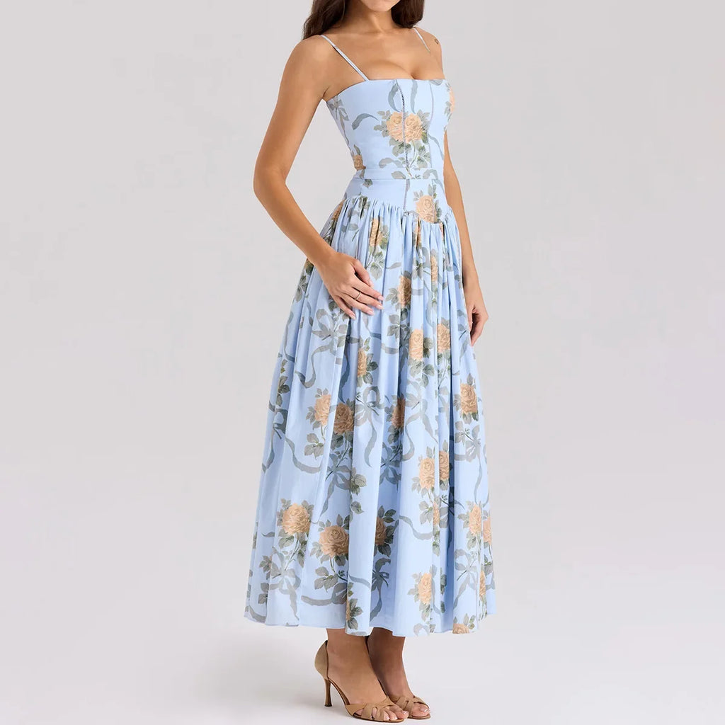 Summer Floral Print Dress Elegant 2025 New Arrivals Spaghetti Strap Flare Dress Maxi Holiday Party Dresses Women
