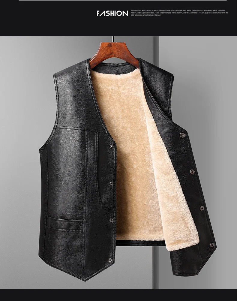 2024 Winter Men Thick Warm Fleece Leather Vest Coat  Male V-Neck Single Breasted Vest Casual Male Clothing Outerwear