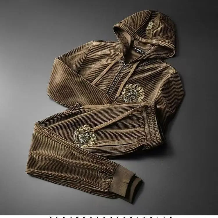 Autumn Men's Sportswear Solid Color Solid Color Zipper Hooded Pocket Jacket Drawstring Trousers Sports Clothing Set
