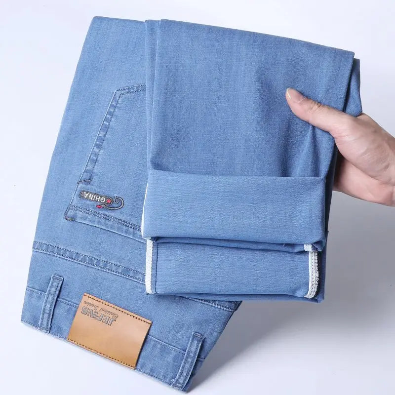Brother Wang Classic Style Men Brand Jeans Business Casual Stretch Slim Denim Pants Light Blue Black Trousers Male