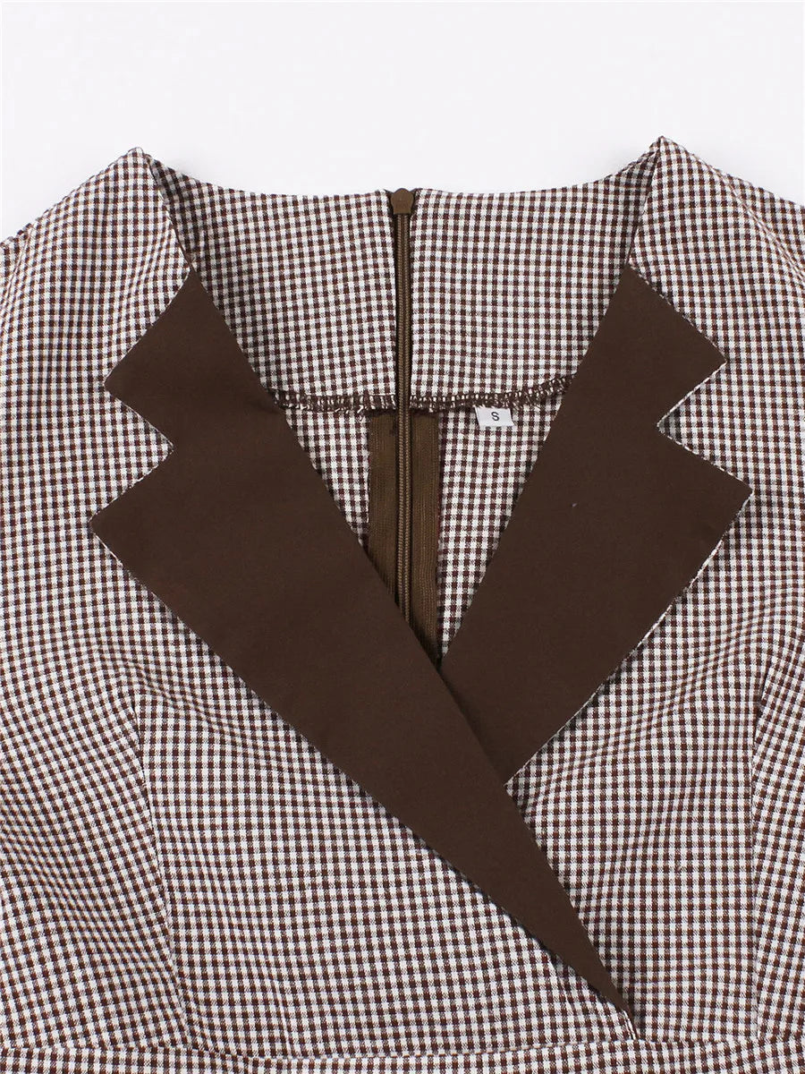 Plaid and Black Elegant Ladies Rockabilly Cotton Dresses Notched Collar 3/4 Sleeve Autumn Winter Women Vintage Dress