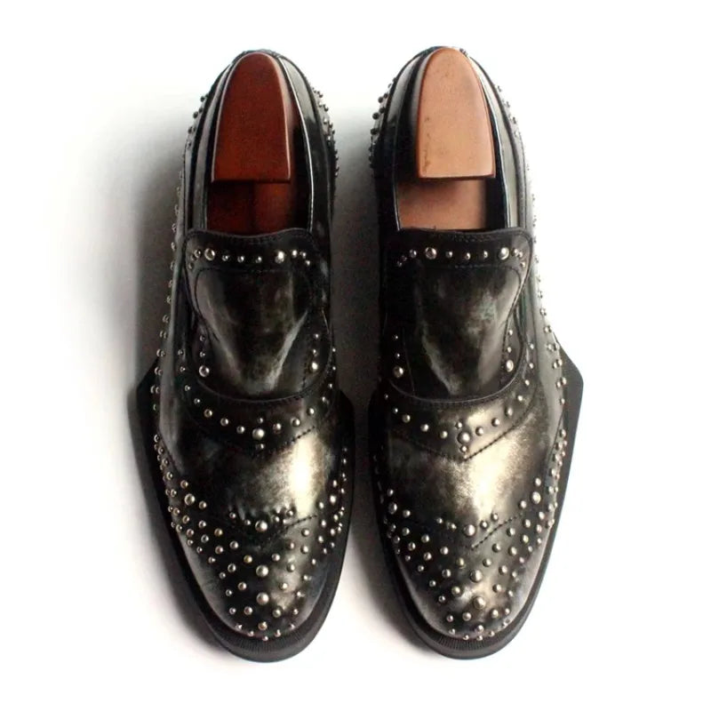 New Shaped Heel Fashion Rivets Leather Shoes Men Handmade Genuine Leather Dress Slip on Loafers Oxfords Office Male Shoes