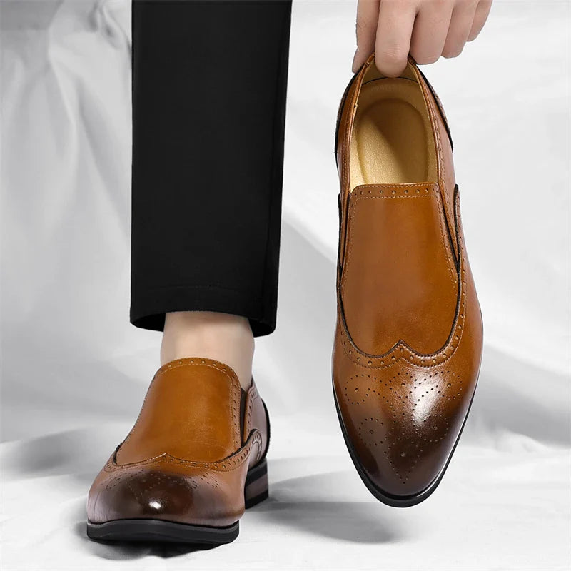 Men's Genuine Leather Brogue Loafers Dress Shoes with Wingtip Perforations Comfortable Business Casual Oxfords Office & Weddings