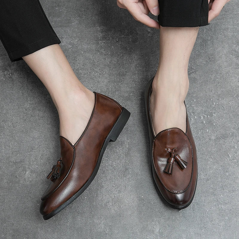 Men's Formal Tassel Loafers – Genuine Leather Slip-On Dress Shoes, Black & Brown, EU 40–47