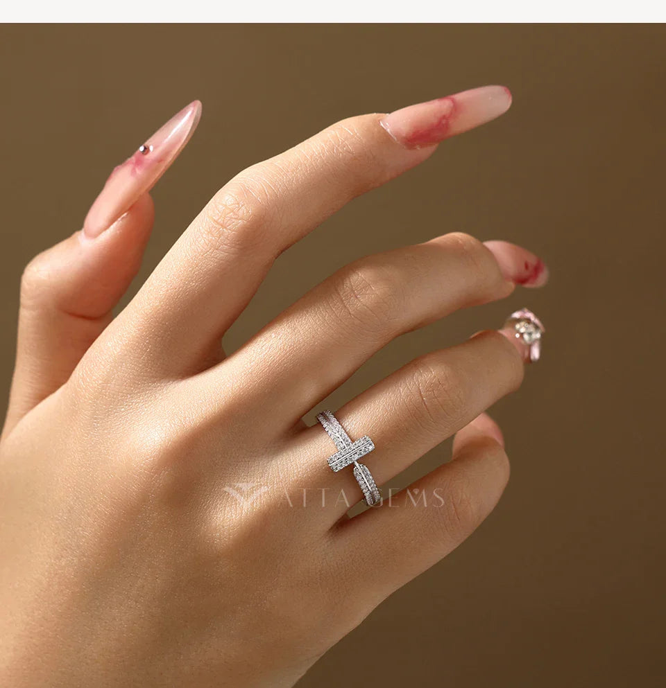 925 Sterling Silver Moissanite T-Bar Ring Double Band Paved Luxury Design Rings for Women Engagement Party Jewelry Gift