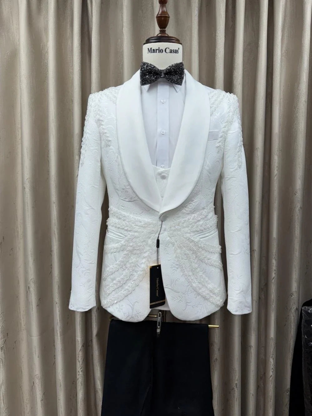Jacquard White Elegant Beaded Men's Suits 3 Pieces Dancing Wear Plus Size Shawl Lapel Suit Set For Men Autumn Long Sleeve Tuxedo