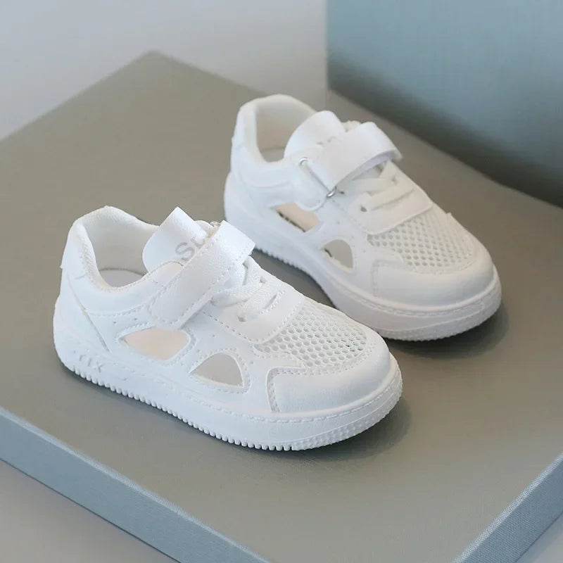 Children White Shoes 2024 Summer Boys Sports Shoes Mesh Breathable Board Shoes Girls Hollow Casual Sneakers Soft Sole Kids Shoes