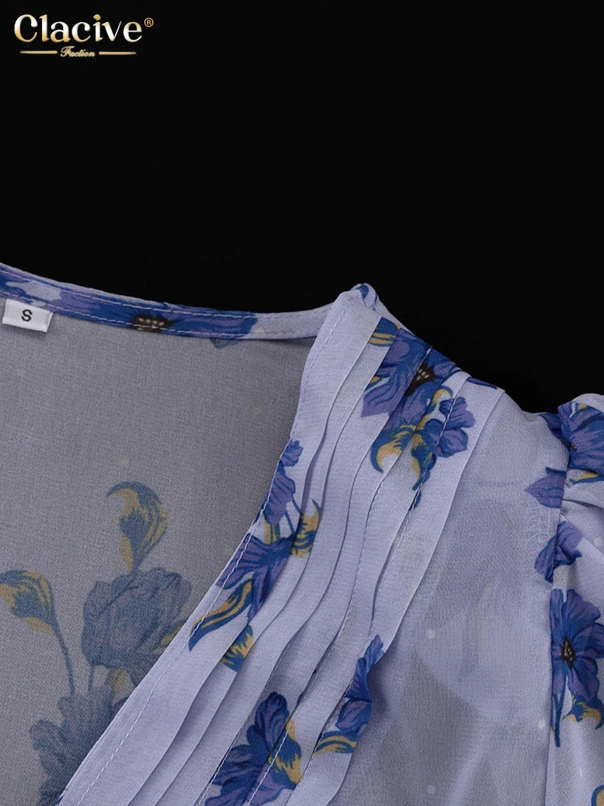 Clacive Fashion Loose Print Women Dress 2025 Sexy Deep V-Neck Short Sleeve Mini Dresses Elegant Classic High Waist Female Dress