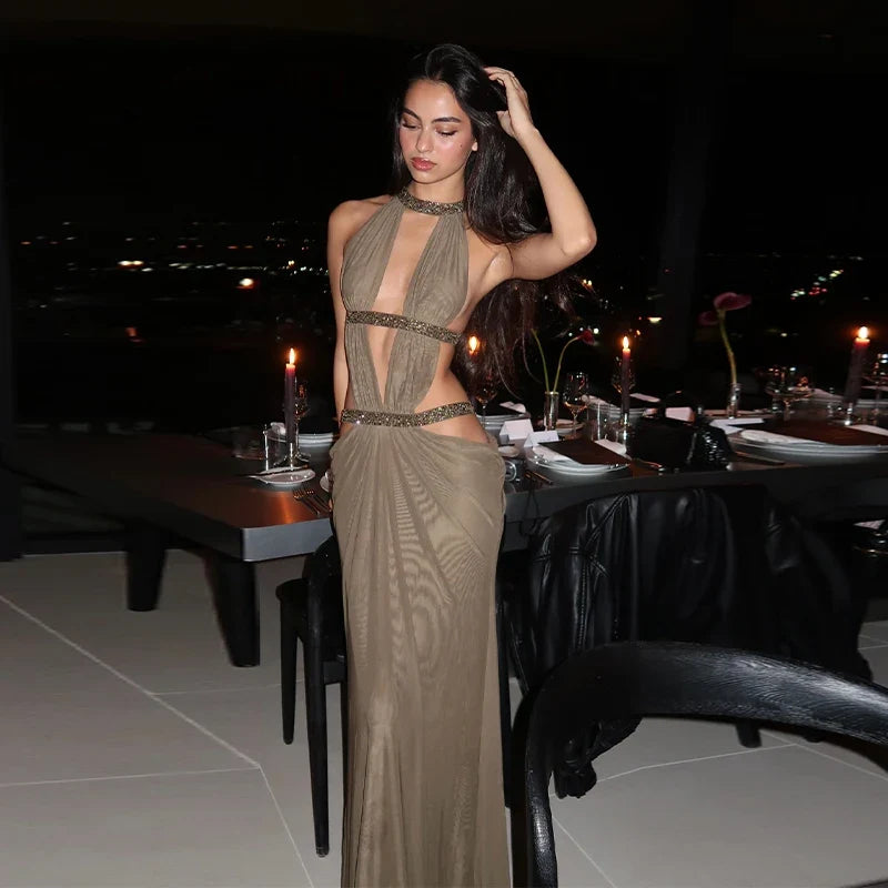 Women's Elegant Shaping Long Vistidos Simple Sexy Chic Back Hollow Design Shiny Lace Up Gown New Luxury Night Party A-line Dress