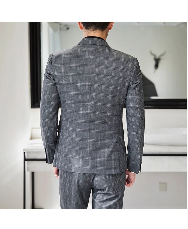 S-5XL ( Blazer + Pants ) Men's High-end Brand Formal Double Breasted Suit Gray 2 Piece Set Wedding Dress Plaid Suit Groom Party