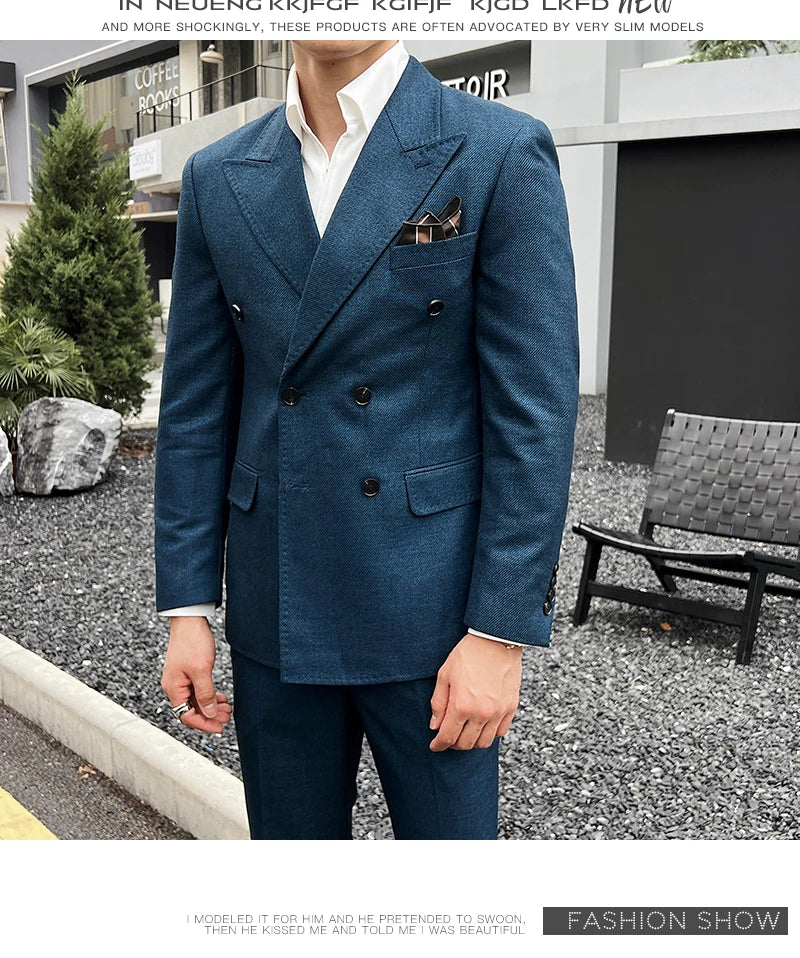 Men Vintage Luxury Double Breasted Slim Fit Lapel Evening Gown ltalian Style Fashion High-end Groom Wedding Party Tuxedo 2 Piece