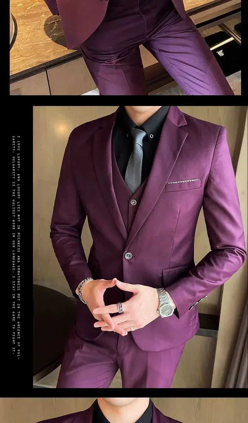 Suit (Blazer+ Vest + Pants) Men's Fashion Casual Outdoor Gentleman Business Wedding Formal Dress British Style Wedding Suit