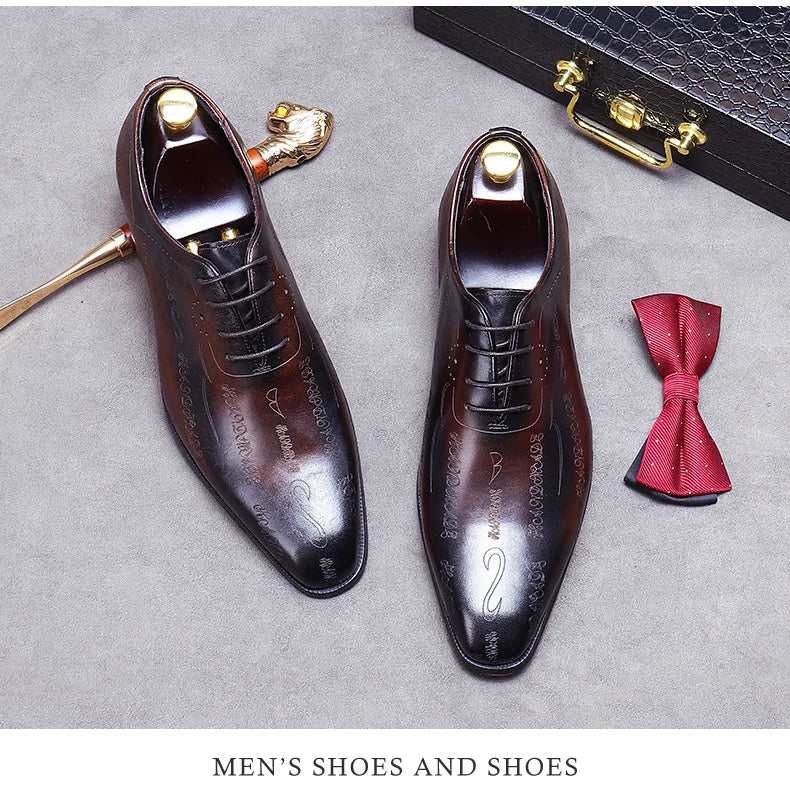 Men's Business Dress Leather Shoes Genuine Leather Shoes Full Cowhide British Laser Engraving Pattern Men's Wedding Shoes 37-46