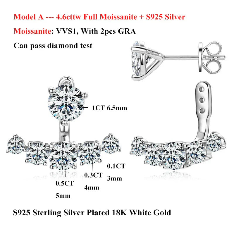 2 in 1 Full D Color Moissanite Stud Earrings for Women S925 Silver 4.6cttw All Diamond Earring Pierced Ear Fine Jewelry