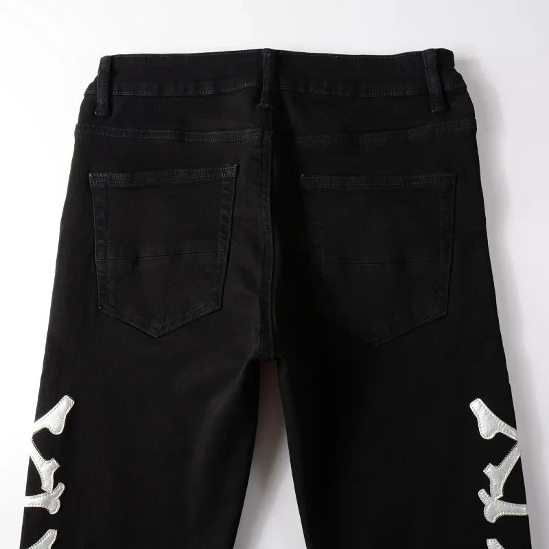 Classical White Bones Patchwork High Street Slim Fit Ripped Jeans