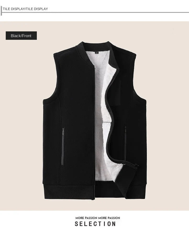 Men Winter Vest Sleeveless Stand Collar Solid Color Fleece Thick Keep Warm Plus Size Neck Protection Winter Waistcoat for Daily