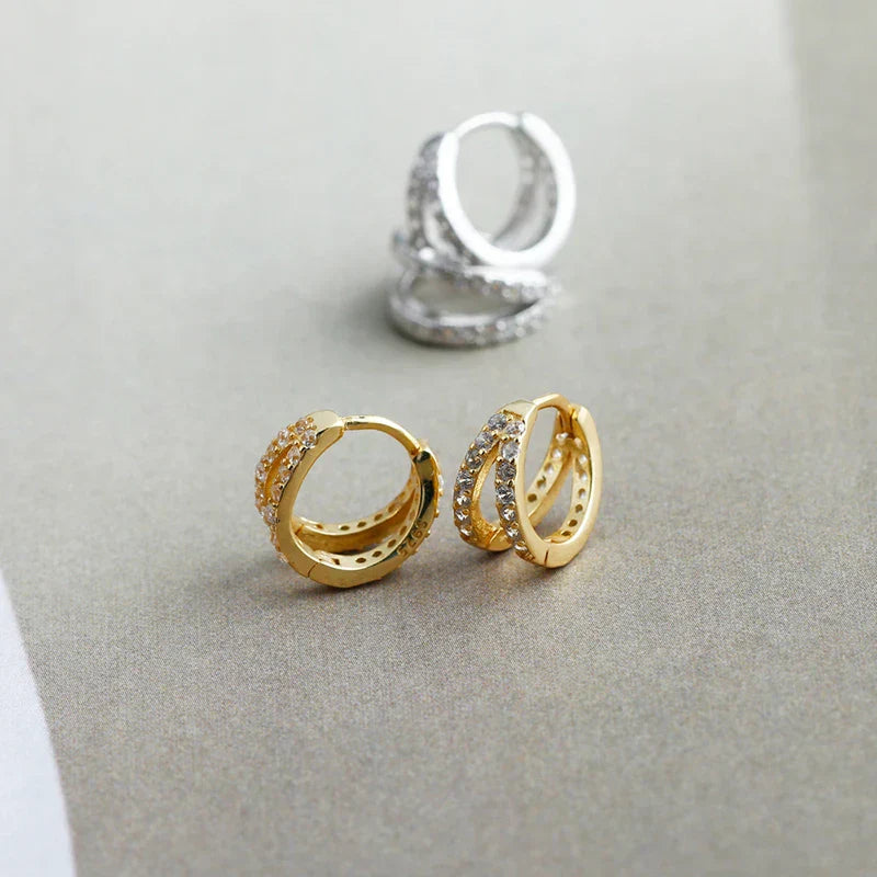 925 Sterling Silver Fashion Luxury Shiny Double Layer Zircon Huggies Hoop Earrings for Women Plated 18k Gold Fine Jewelry
