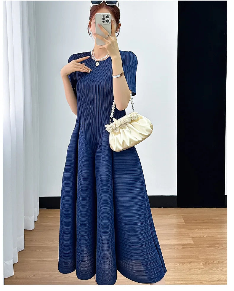 Y2k Pleated Women's Dress Bubble Short-sleeved Loose Slim Thin Medium-length Dresses for Women 2024 Summer New