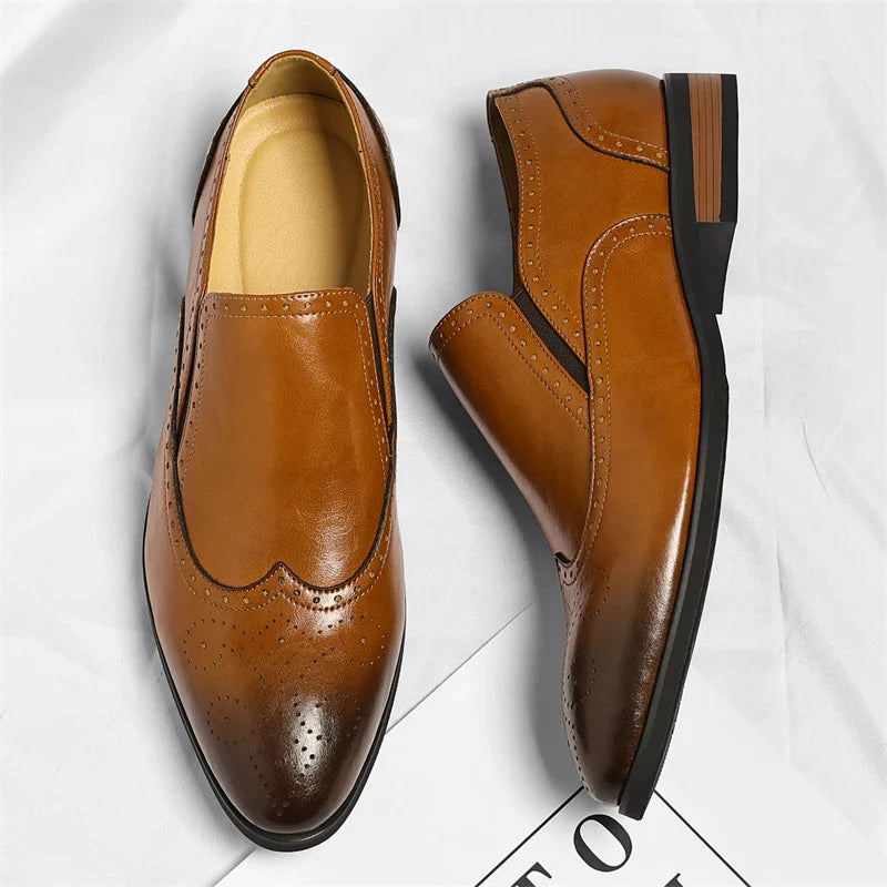 Men's Genuine Leather Brogue Loafers Dress Shoes with Wingtip Perforations Comfortable Business Casual Oxfords Office & Weddings