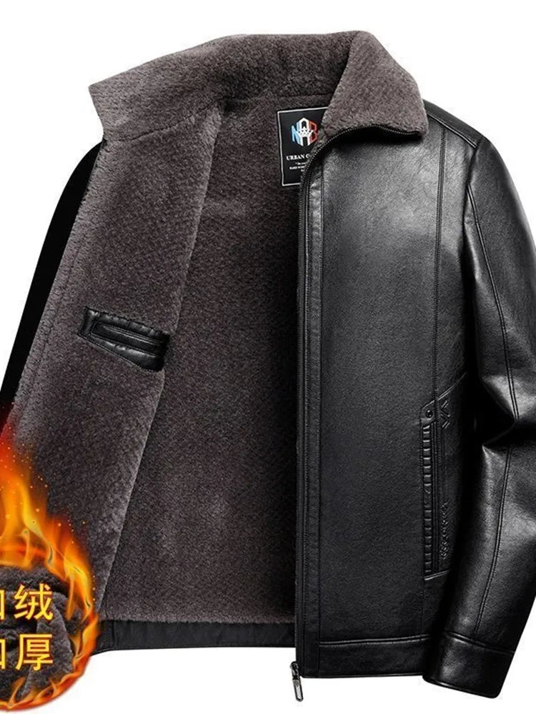 Autumn and Winter Fashionable Solid Color Plush Thick Warm Leather Jacket for Men's Casual Loose Sport Windproof Large Size Coat