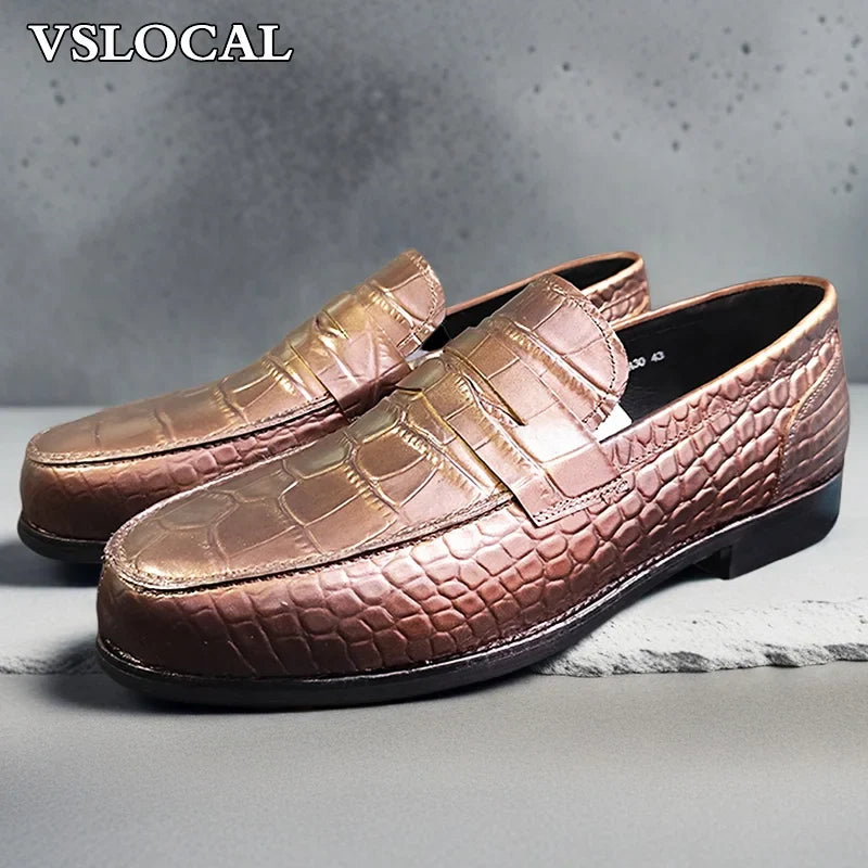 Luxury Brand Men Leather Shoes Black Slip On Croco Prints Casual Mens Dress Shoes Wedding Office Banquet Loafers For Men
