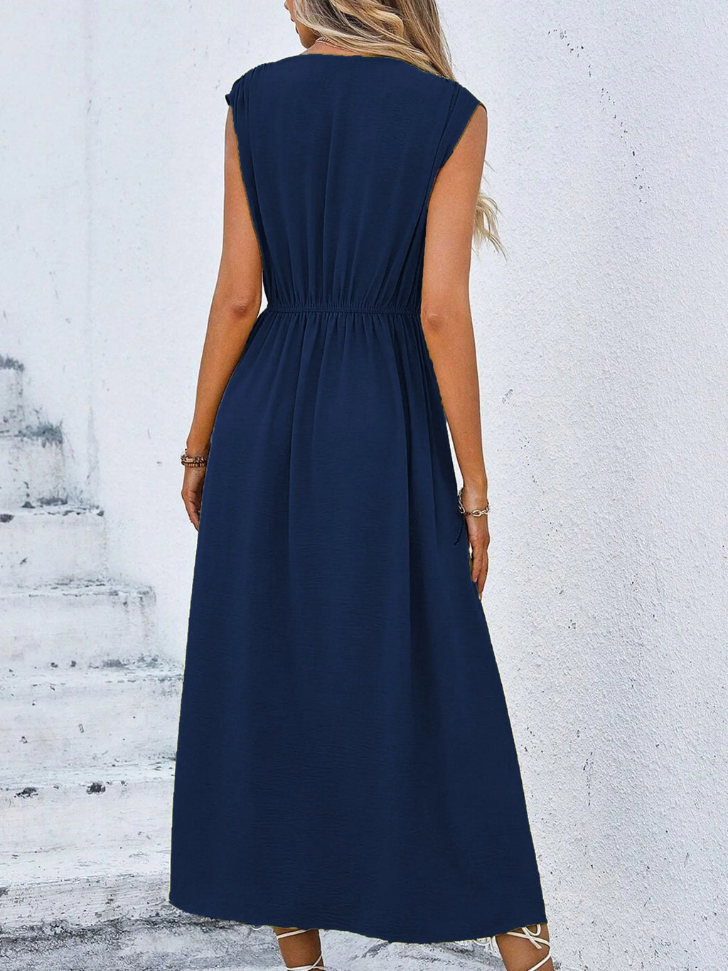 Women's Solid Color A-Line Dress Sleeveless Front Thin Straps Elegant Belted Midi Dress for Summer