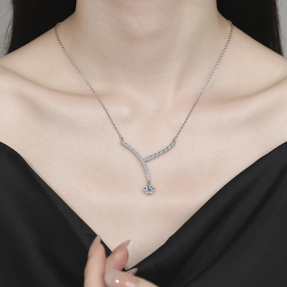D VVS 1CT Moissanite Pendant Necklace for Women V-Shape Collarbone Neck Chain 925 Sterling Silver Lab Diamond Jewelry