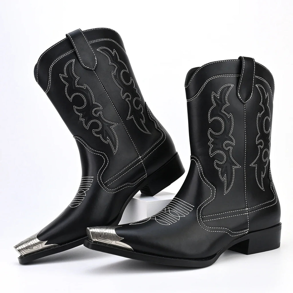 Men's Retro Casual Embroidered Pointed Cowboy Boots Metal Head Men's Boots