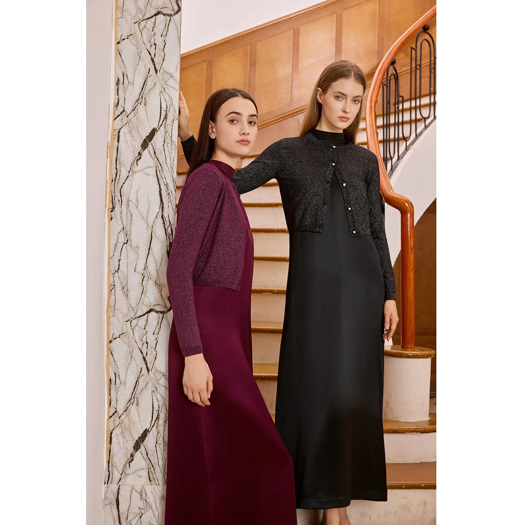 Women 2026 Autumn and Winter Modal Shirt and O Neck Acetate Satin Maxi Dress Lurex Cardigan High Quality Lady Clothing