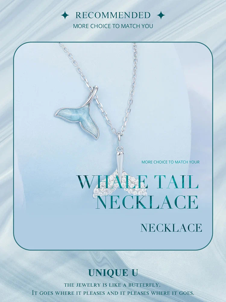 925 Sterling Silver Sky Blue Enamel Whale Tail Pendant Necklace Double Fish Tail Neck Chain for Women Fine Jewelry BSN294
